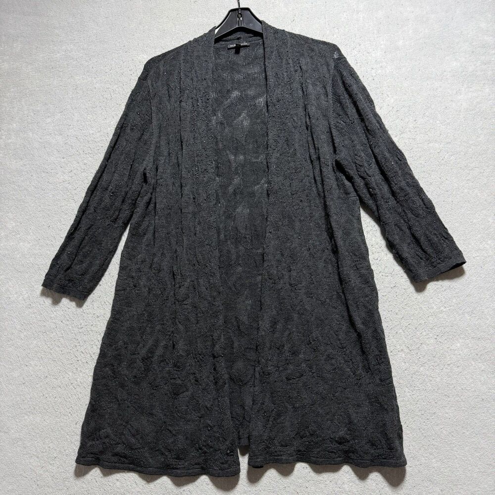 EILEEN FISHER Cardigan Women’s L Gray Semi-sheer 3/4 Sleeve Crochet Merino Wool